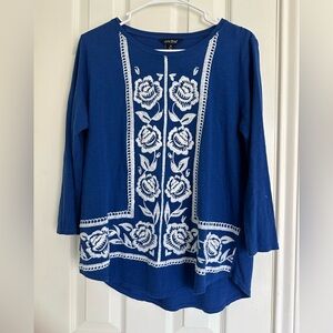 Lucky Brand Women’s Royal Blue & White Embroidered 3/4 Sleeve Shirt Plus Size M